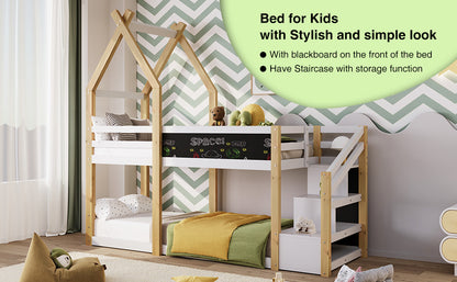 Twin over Twin House Bunk Bed with White Storage Staircase and Blackboard