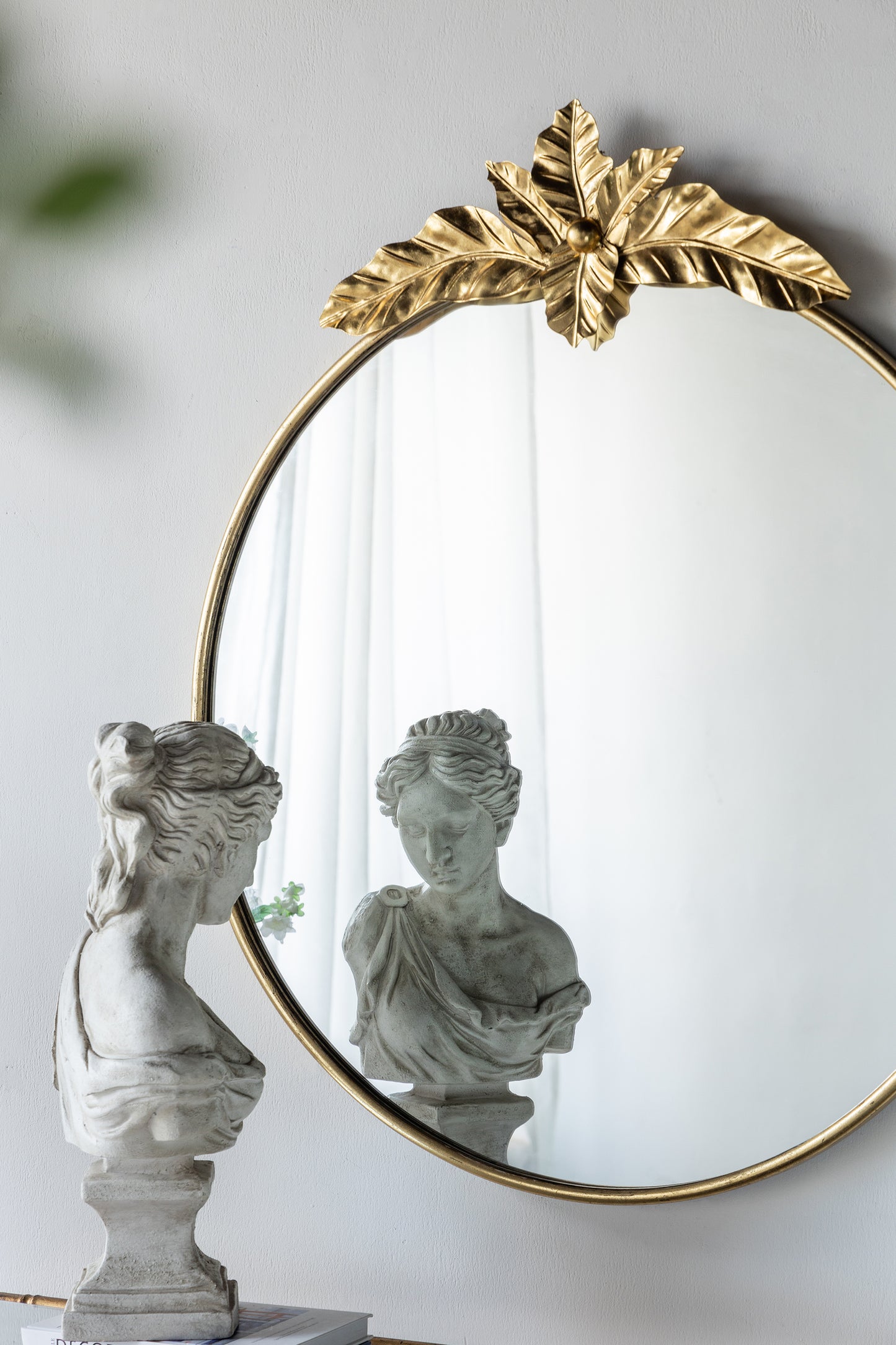 Large Round Wall Mirror with Gold Metal Leaf Frame