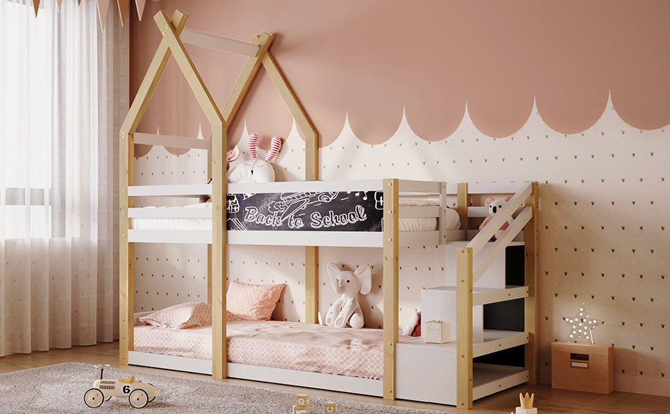 Twin over Twin House Bunk Bed with White Storage Staircase and Blackboard