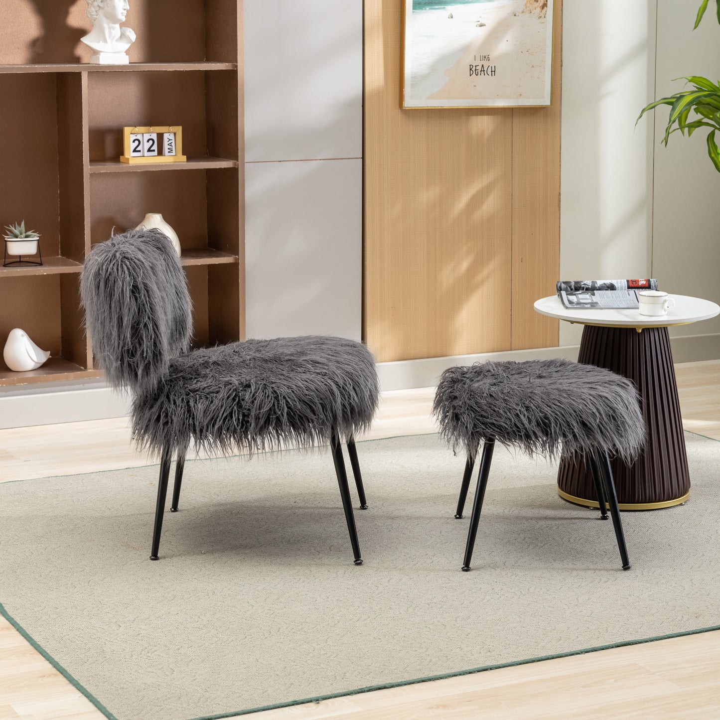 Megan Gray Faux Fur Plush Accent Chair with Ottoman