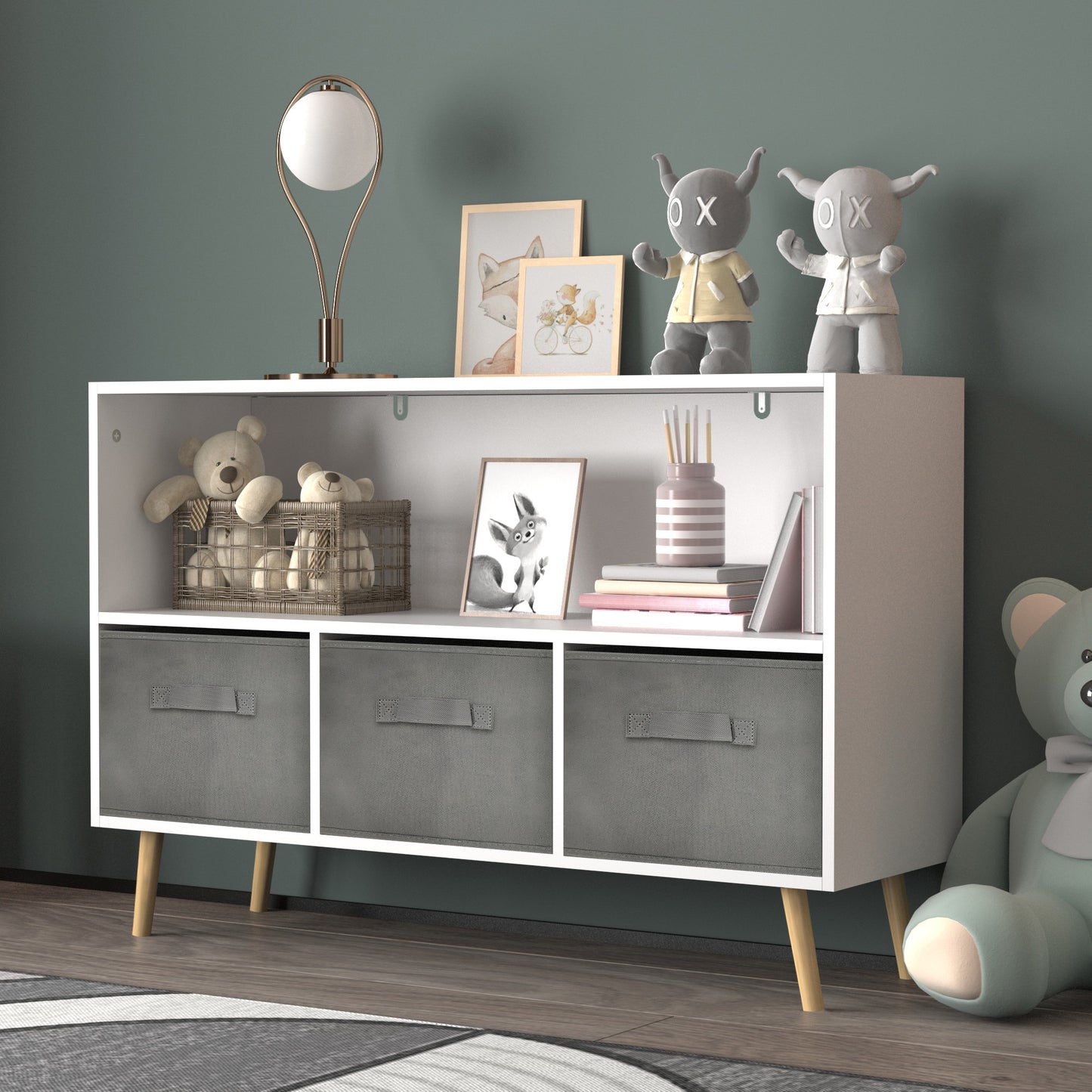 Kids bookcase with Collapsible Fabric Drawers (gray)