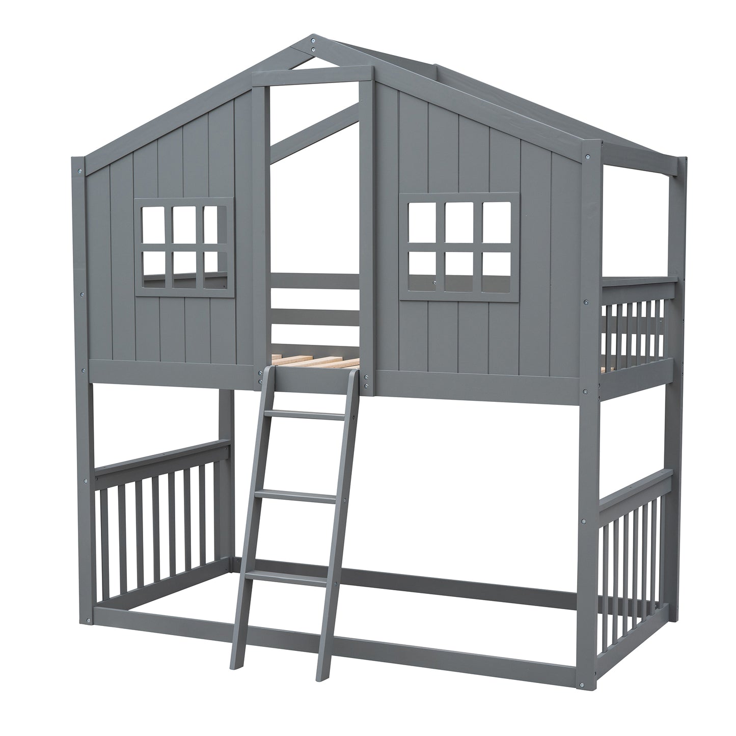 Gray House Twin Over Twin House Bunk Bed With Ladder