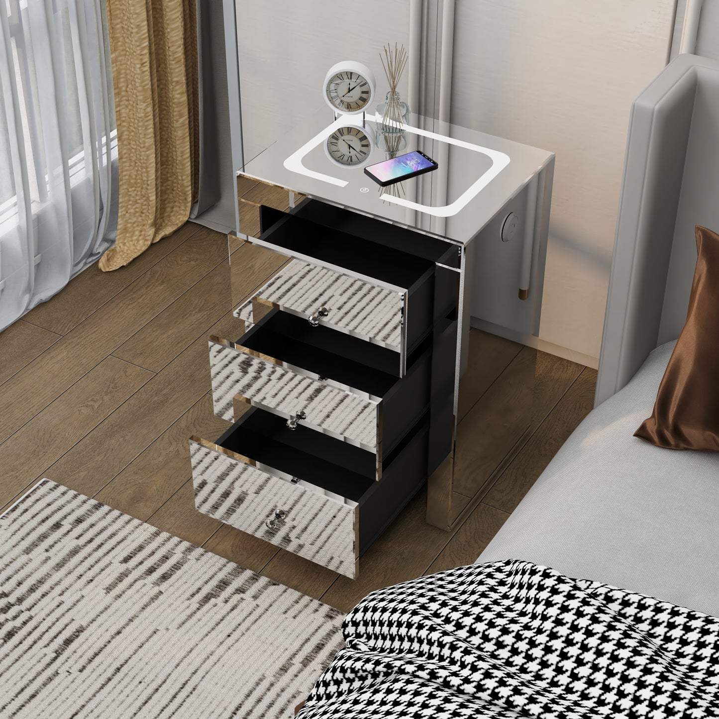 Silver glass nightstand for living room, shining bedside table with wireless charging and charging ports