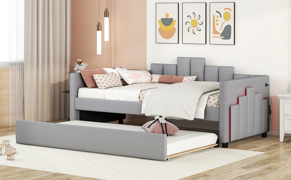 Modern LED Gray Daybed with Trundle (twin)