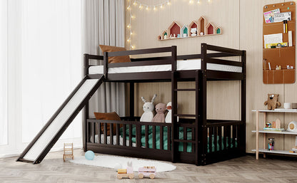 Espresso Wood Twin Over Twin Bunk Bed with Slide and Ladder