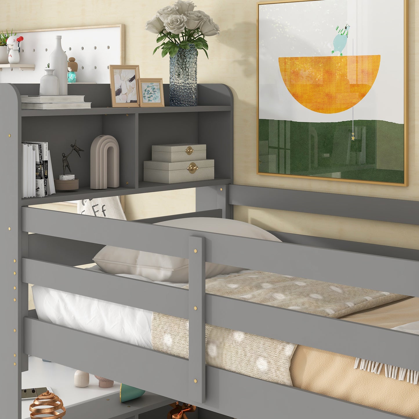 Bookcase Gray Twin Over Twin Bunk Bed