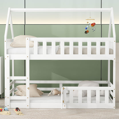 White Twin over Twin House Bunk Bed with Fence and Door