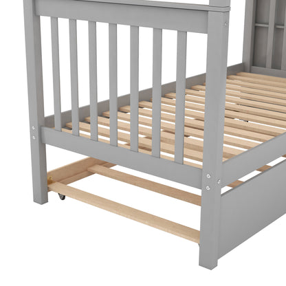 Gray Twin over Twin Bunk Bed with Trundle and Storage