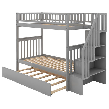 Gray Twin over Twin Bunk Bed with Trundle and Storage