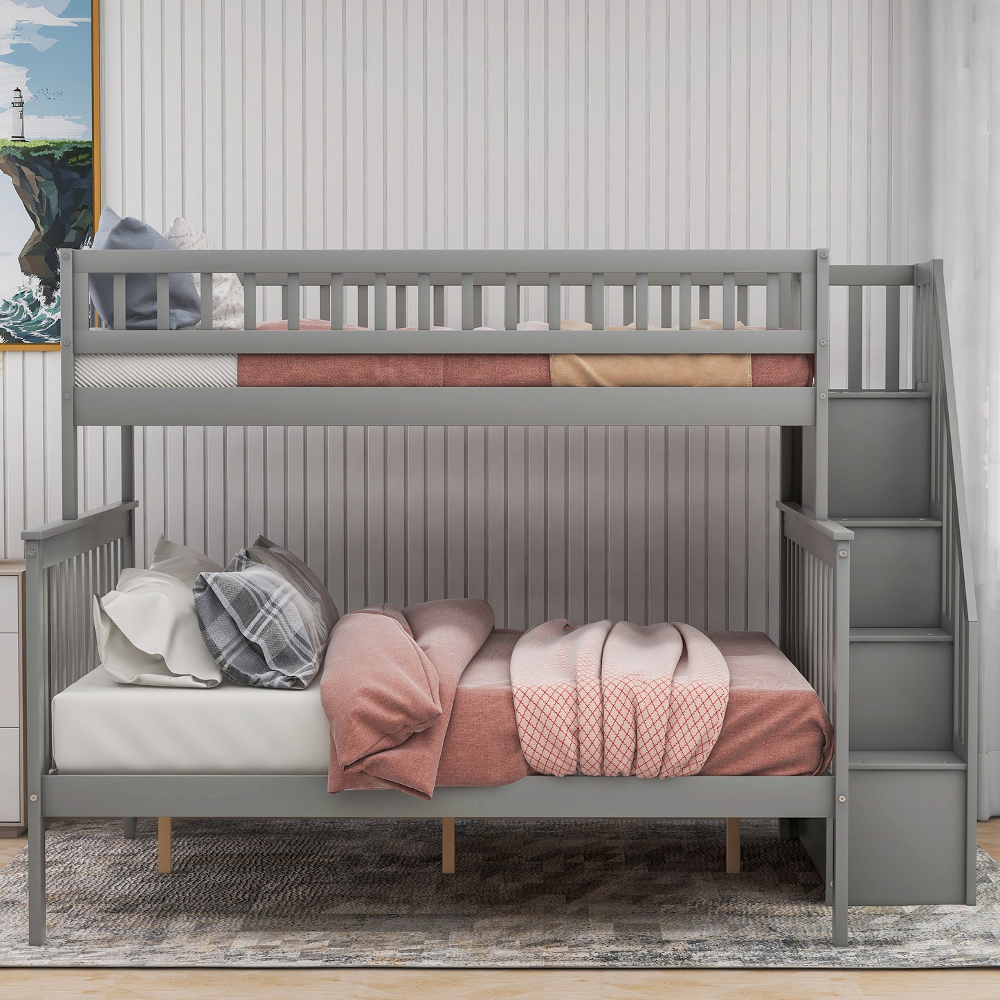 Gray Twin over Full Stairway Bunk Bed with Storage