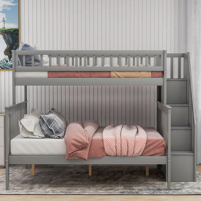 Gray Twin over Full Stairway Bunk Bed with Storage