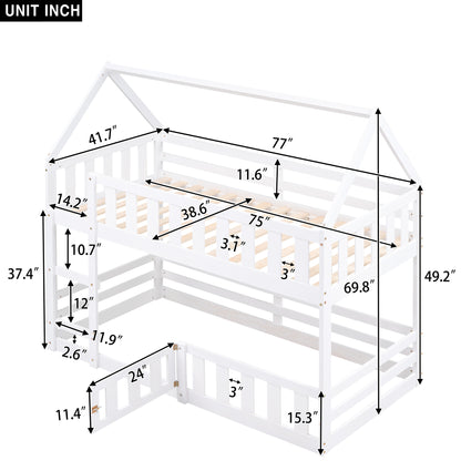 White Twin over Twin House Bunk Bed with Fence and Door