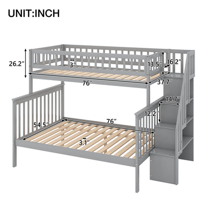 Gray Twin over Full Stairway Bunk Bed with Storage