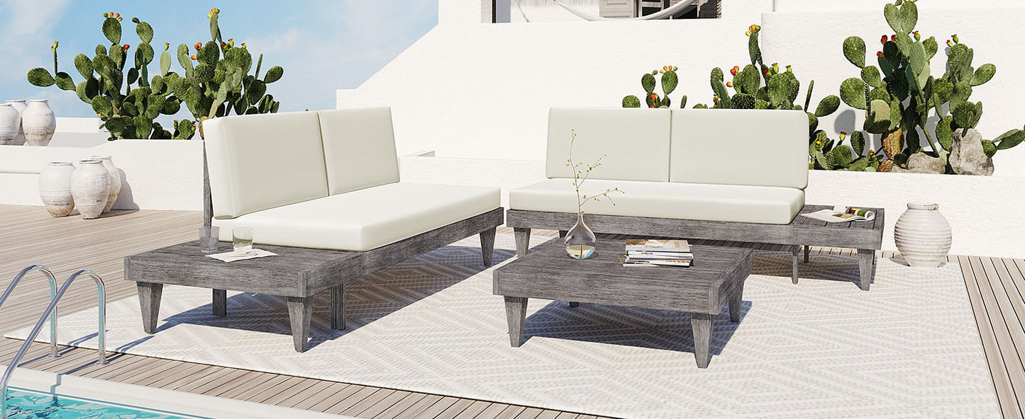 Outdoor 3-Piece Solid Wood Sectional Sofa Set