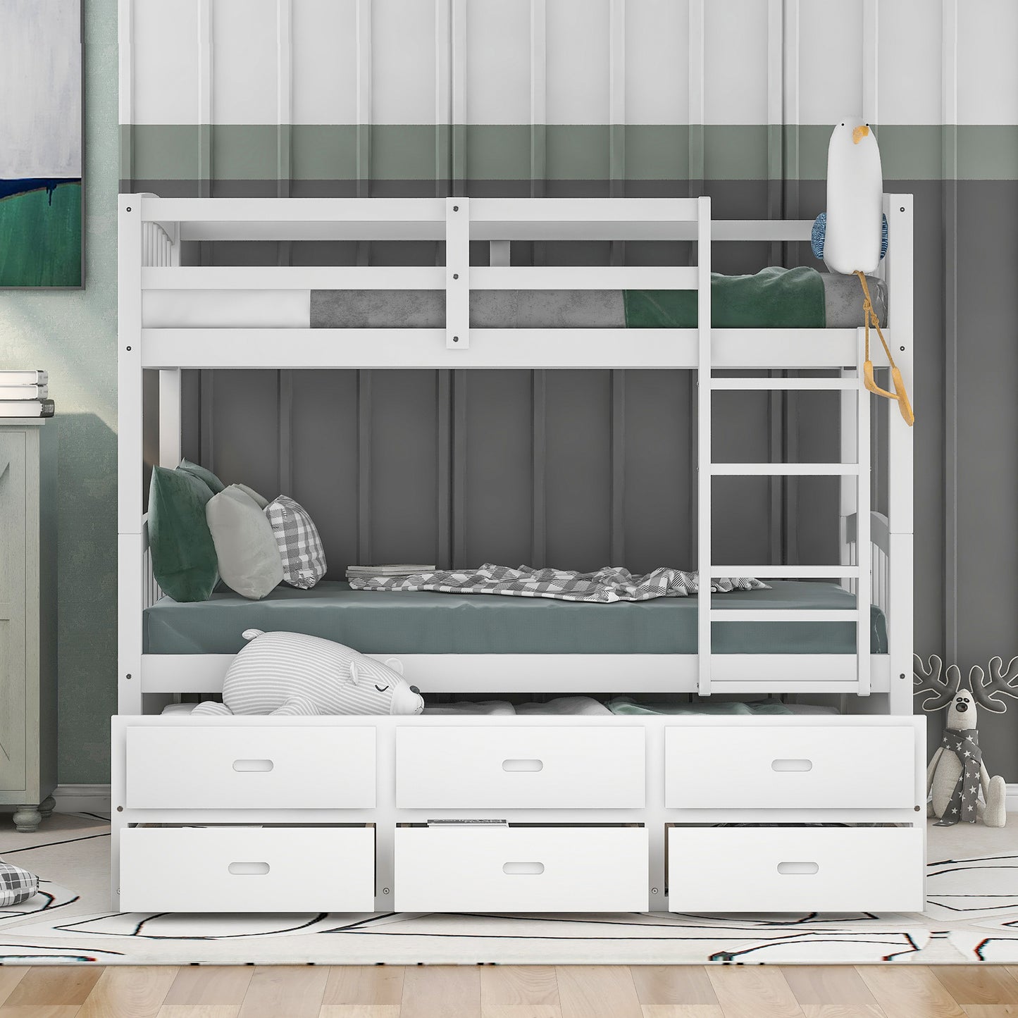 White Twin over Twin Wood Bunk Bed with Trundle and Drawers