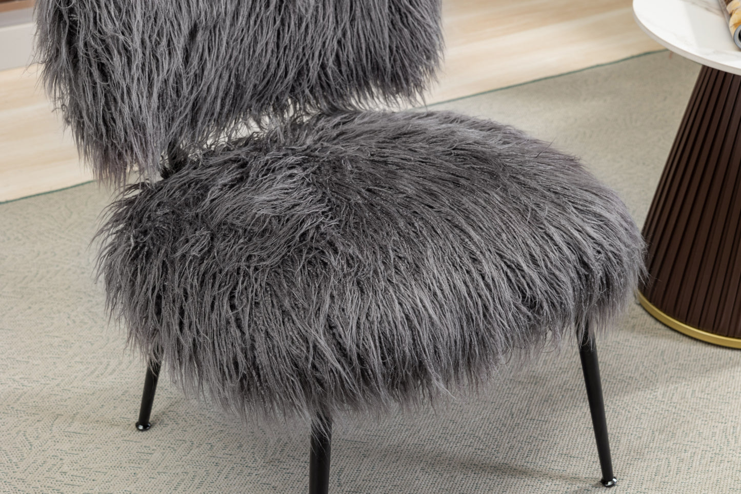 Megan Gray Faux Fur Plush Accent Chair with Ottoman