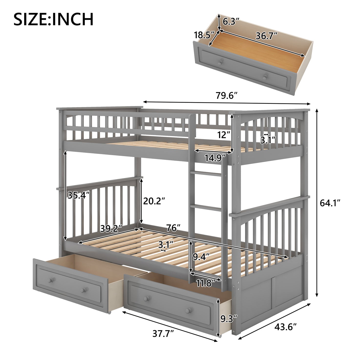 Convertible Gray Twin over Twin Bunk Bed with Drawers