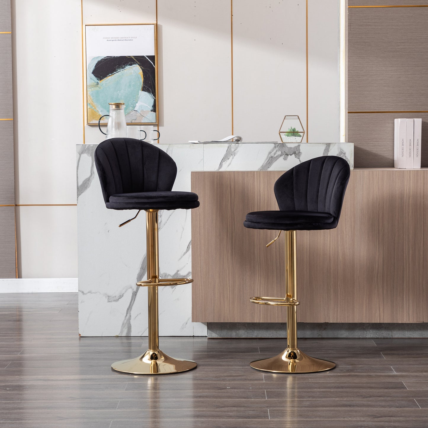 Shell Adjustable Bar Stool Set of 2  (black/gold)