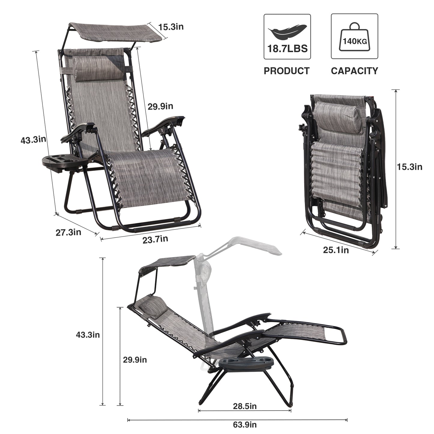 Gray Lounge Chair Adjustable Recliner w/Pillow