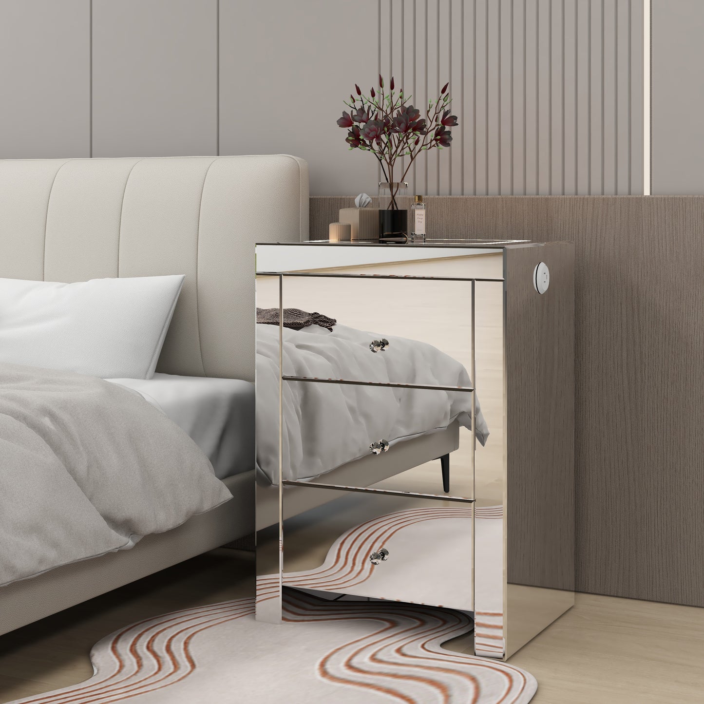 Silver glass nightstand for living room, shining bedside table with wireless charging and charging ports