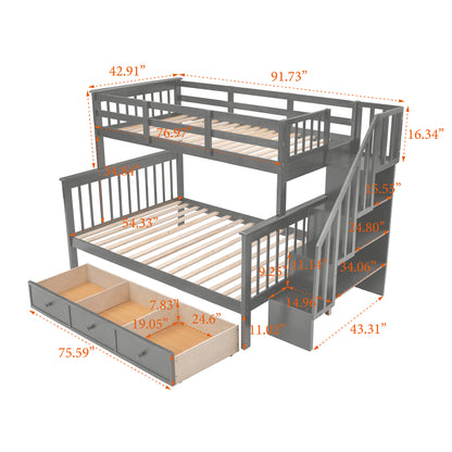 Stairway Gray Twin-Over-Full Bunk Bed with Drawer