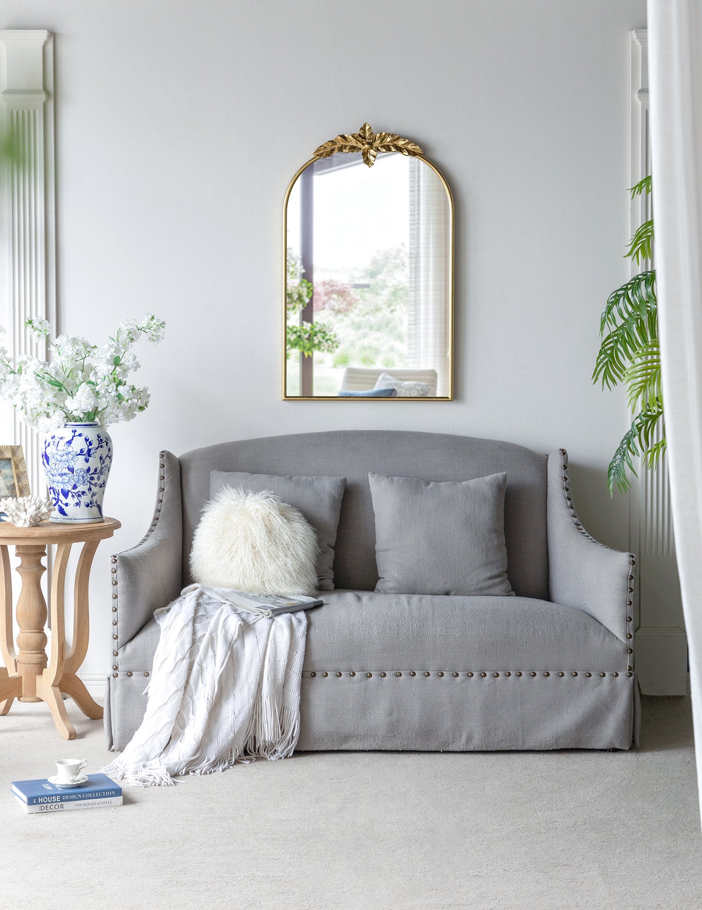 Arched Wall Mirror with Gold Metal Leaf Frame