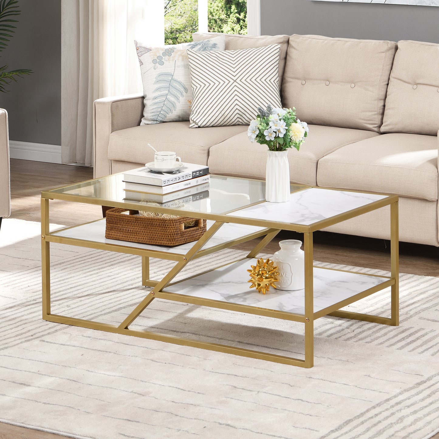 Golden Coffee Table with Storage Shelf