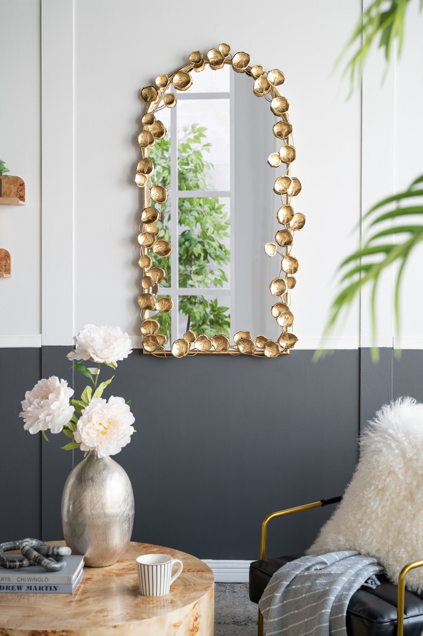 Arched Wall Mirror with Golden Leaf Accents