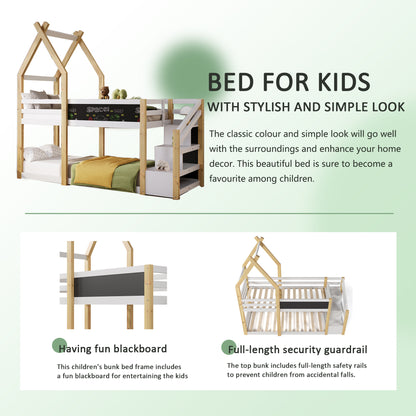 Twin over Twin House Bunk Bed with White Storage Staircase and Blackboard