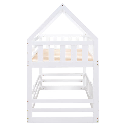 White Twin over Twin House Bunk Bed with Fence and Door