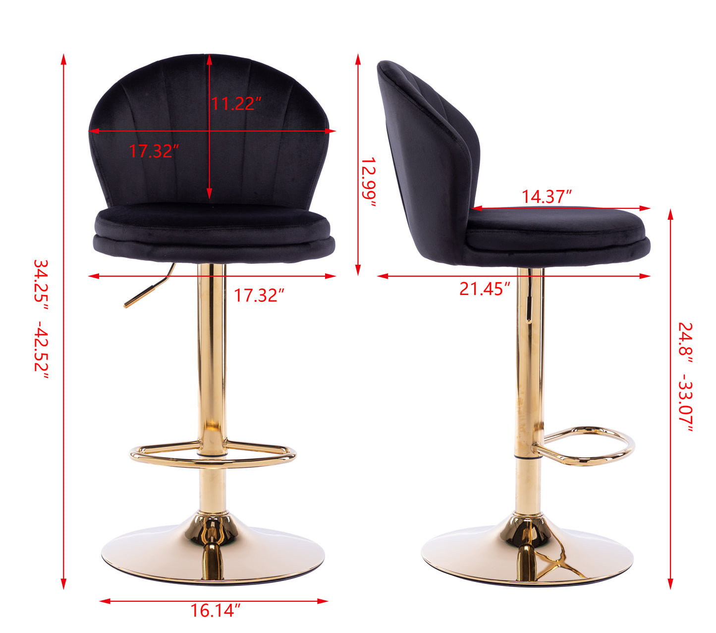 Shell Adjustable Bar Stool Set of 2  (black/gold)