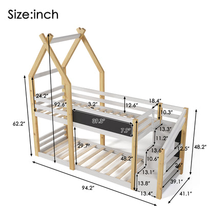 Twin over Twin House Bunk Bed with White Storage Staircase and Blackboard