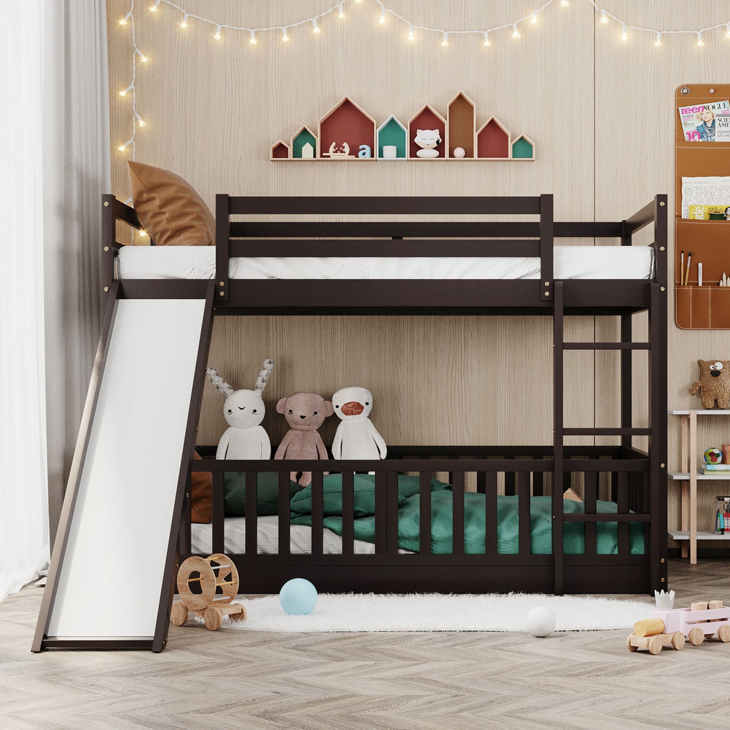 Espresso Wood Twin Over Twin Bunk Bed with Slide and Ladder