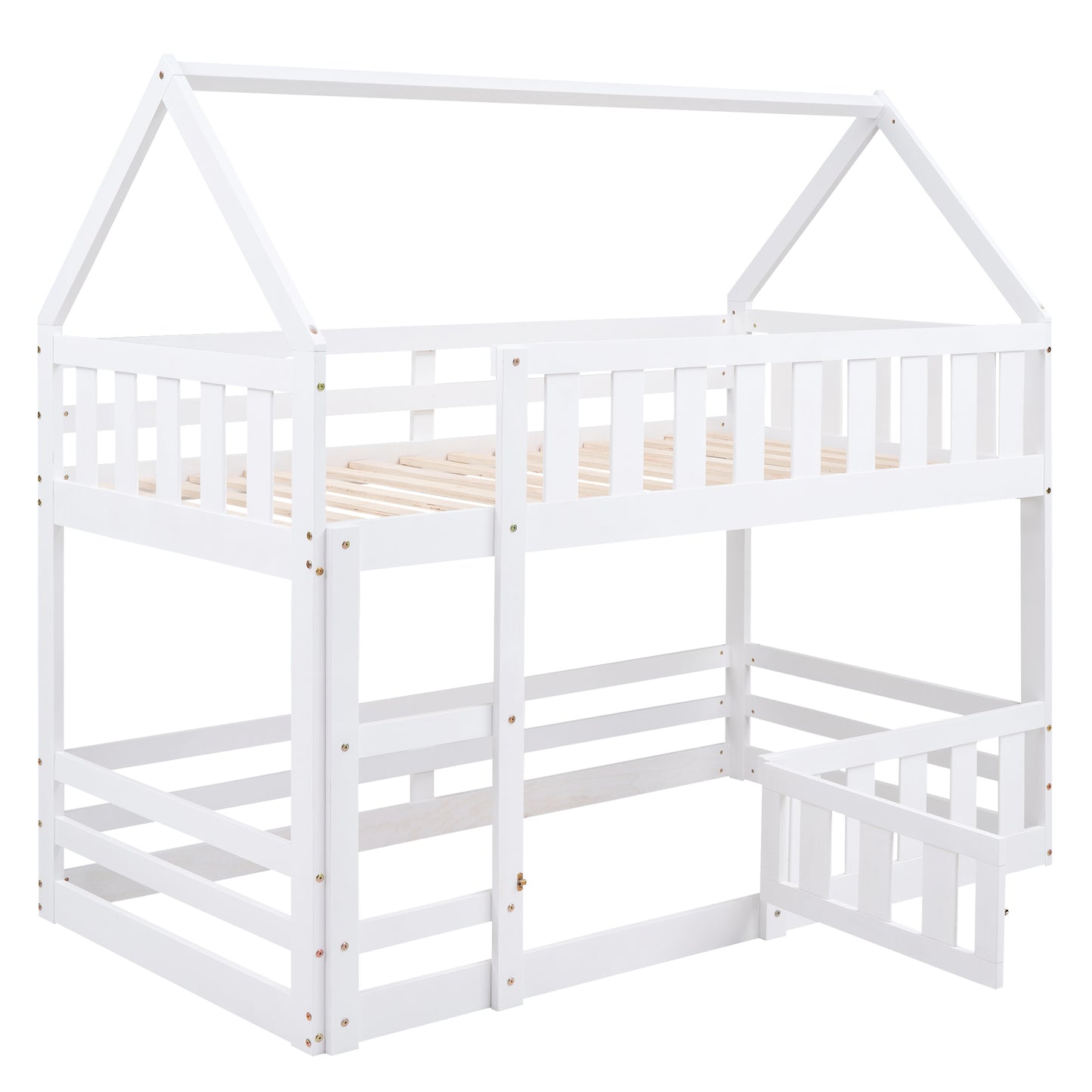 White Twin over Twin House Bunk Bed with Fence and Door