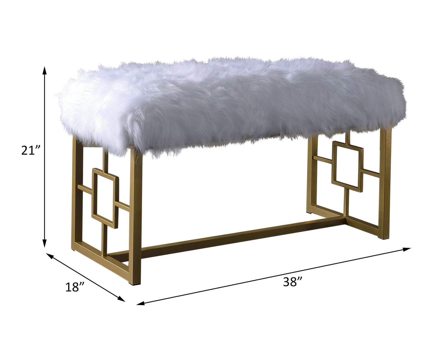 Bagley II Bench in White Faux Fur & Gold (square)