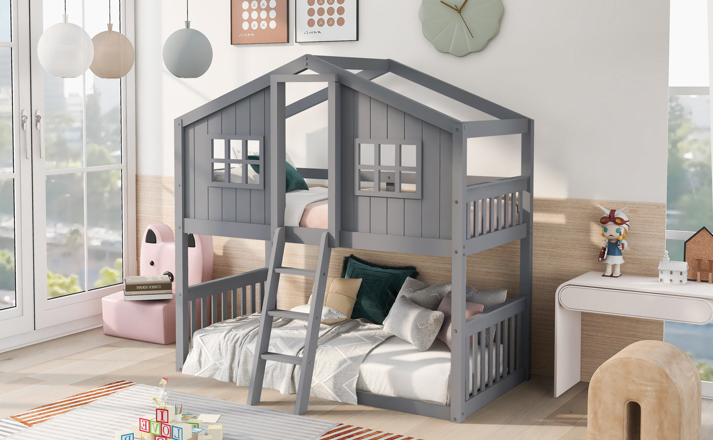 Gray House Twin Over Twin House Bunk Bed With Ladder
