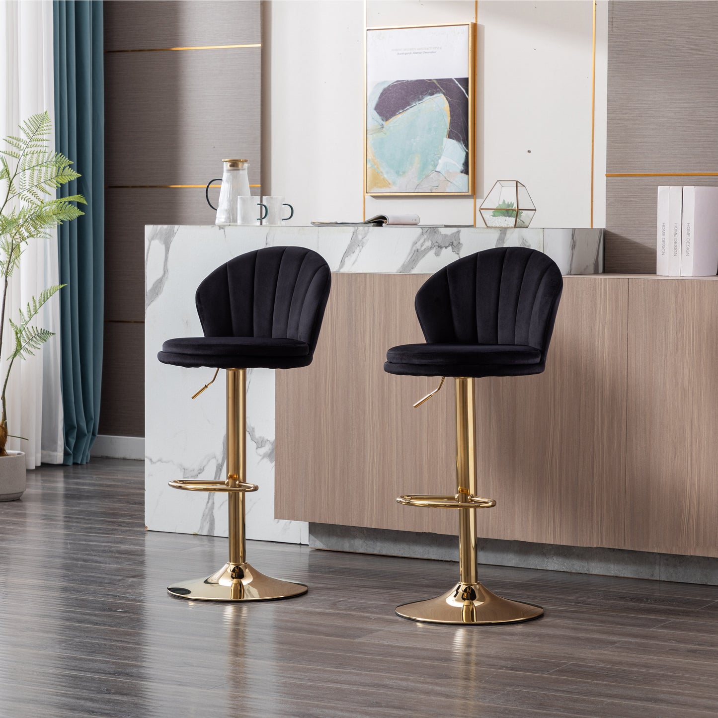 Shell Adjustable Bar Stool Set of 2  (black/gold)