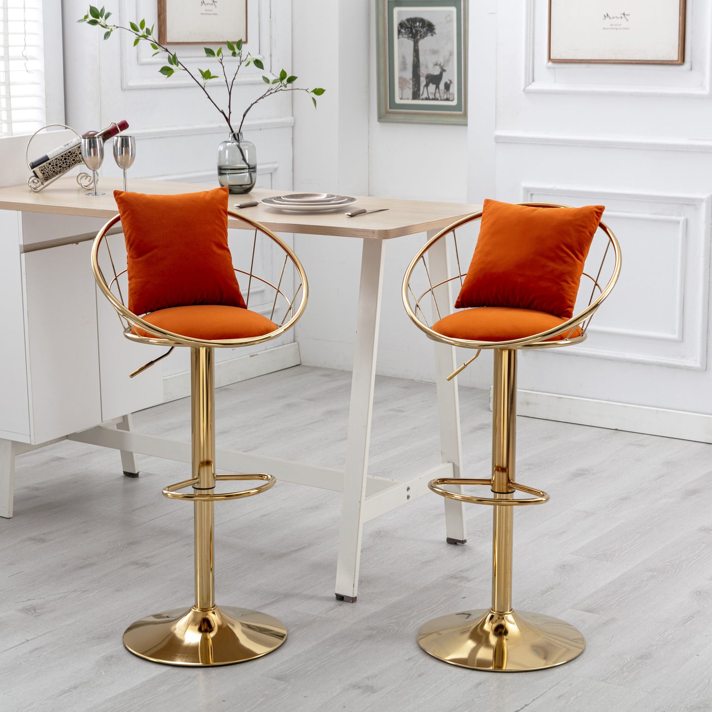 Miami Orange Velvet Bar Stools, Set of 2