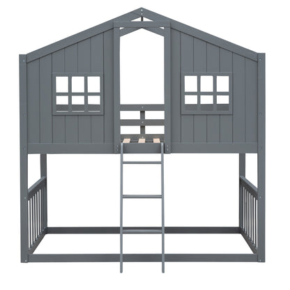 Gray House Twin Over Twin House Bunk Bed With Ladder