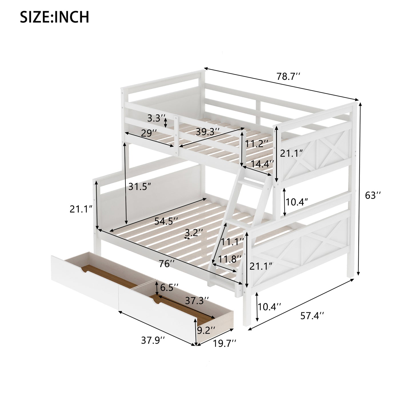 White X Twin over Full Bunk Bed with Storage