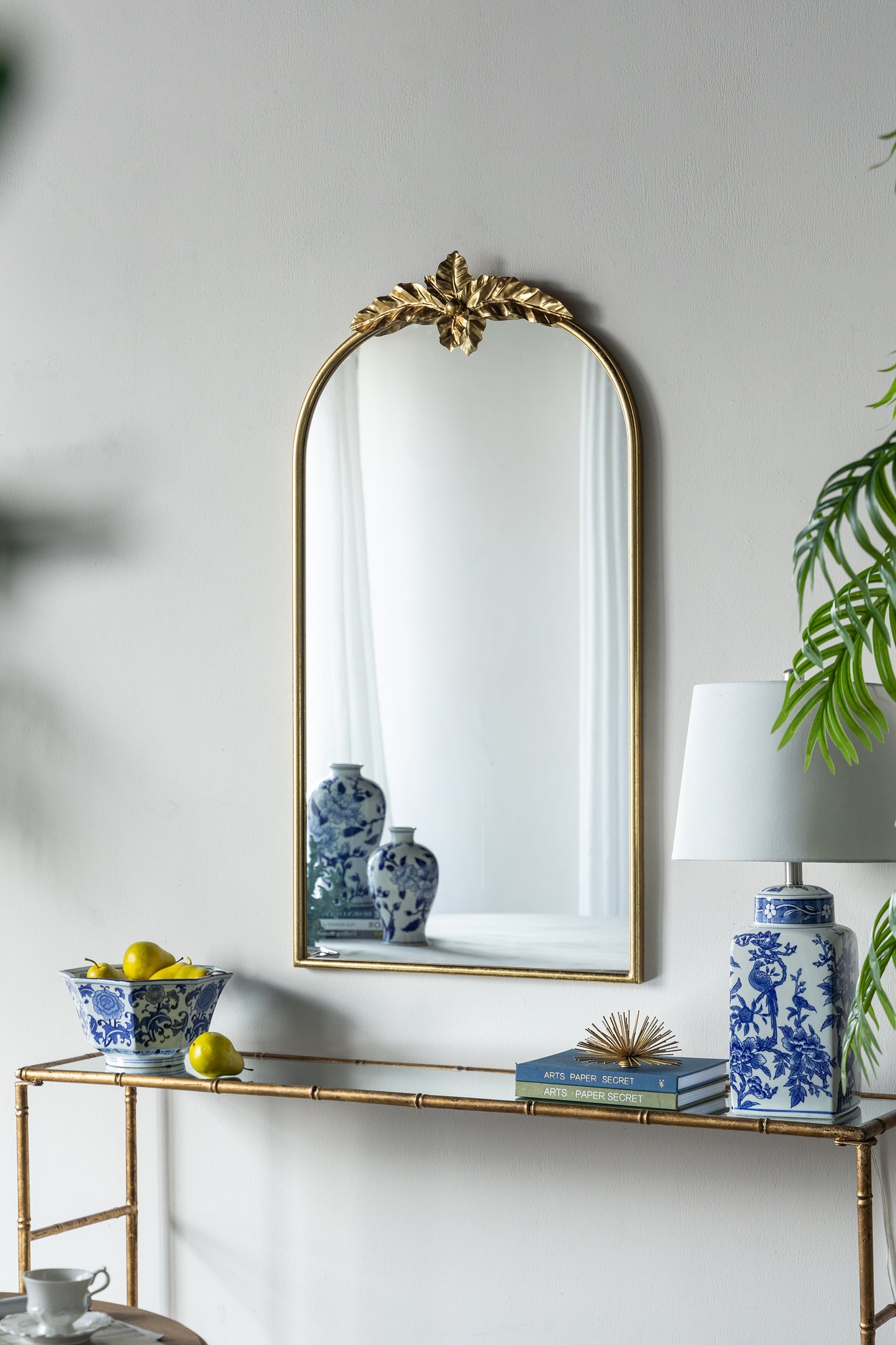 24"x42" Arched Wall Mirror with Gold Metal Leaf Frame