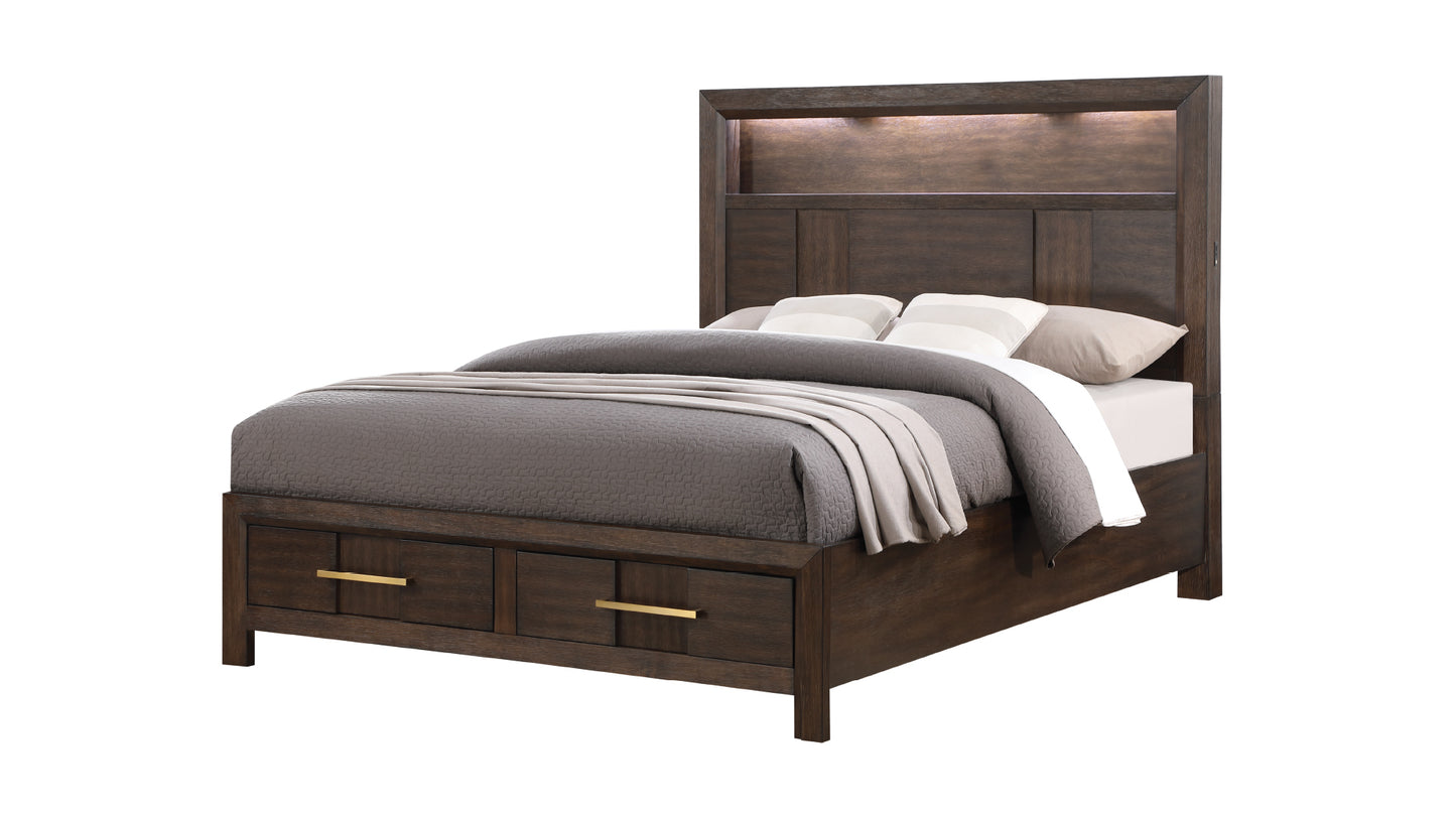 Kenzo 5 Piece Modern Style King Storage Bedroom Set Made with Wood, LED Headboard, Bluetooth Speakers & USB Ports - Walnut