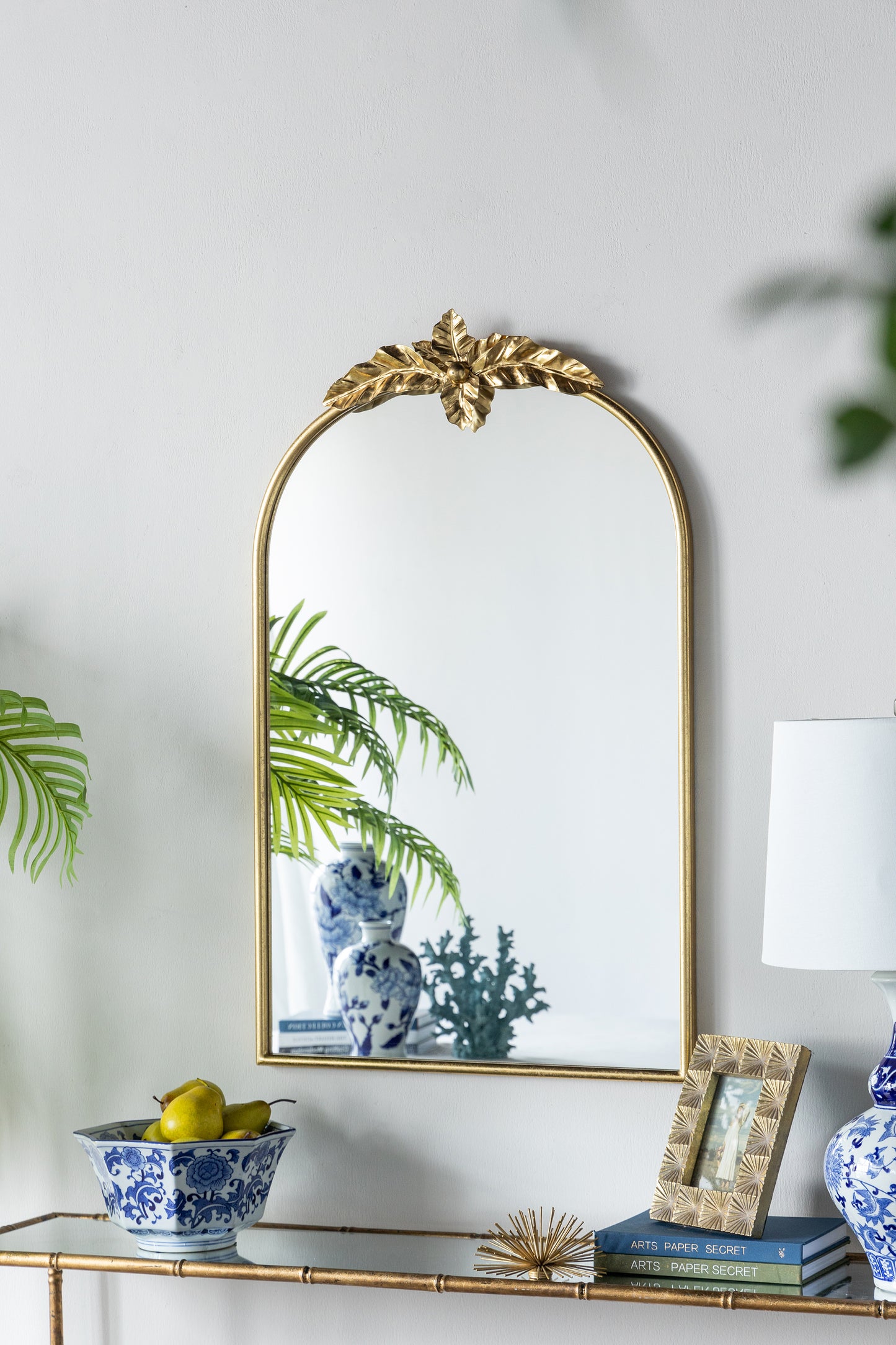 Arched Wall Mirror with Gold Metal Leaf Frame