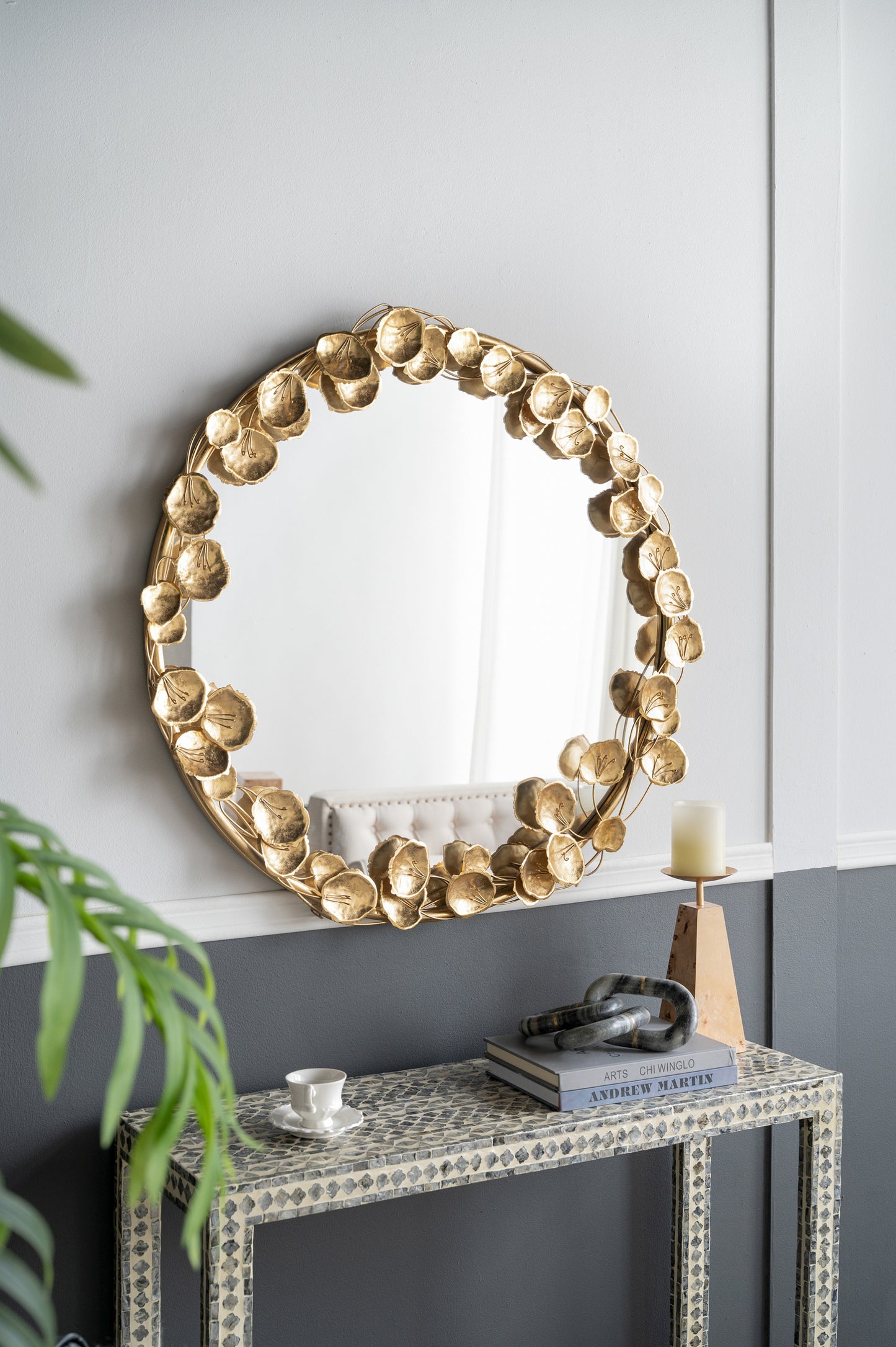 35" Round Metal Wall Mirror with Golden Leaf Accents