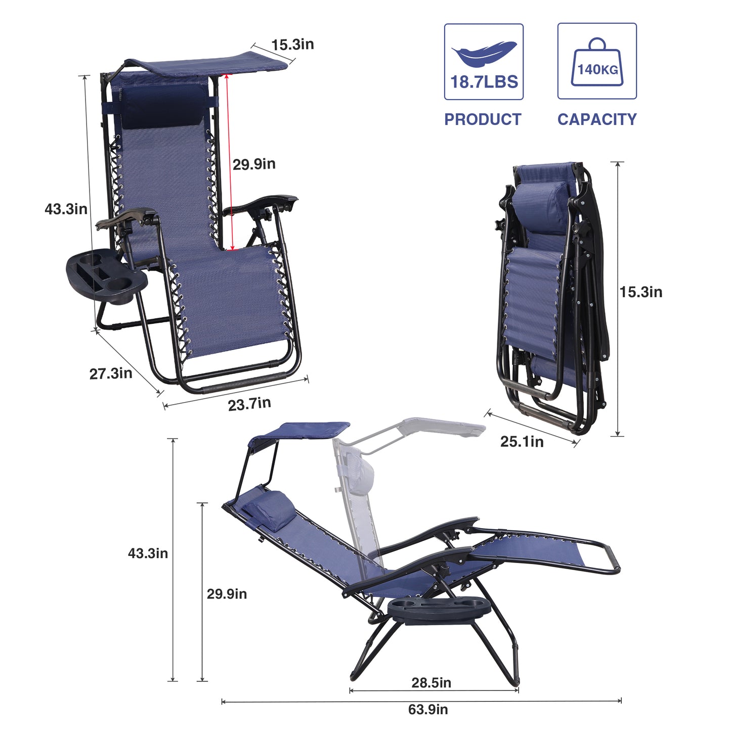 Blue Lounge Chair Adjustable Recliner w/Pillow