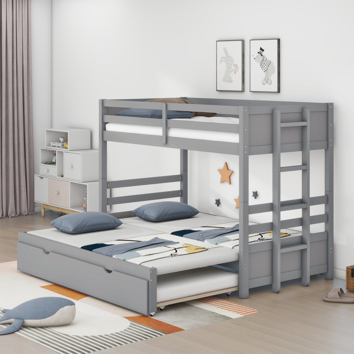 Gray Twin over Pull-out Bunk Bed with Trundle