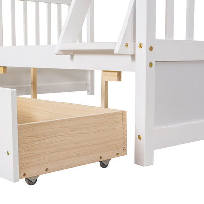 White Twin-Over-Full Bunk Bed with Ladders and Two Storage Drawers