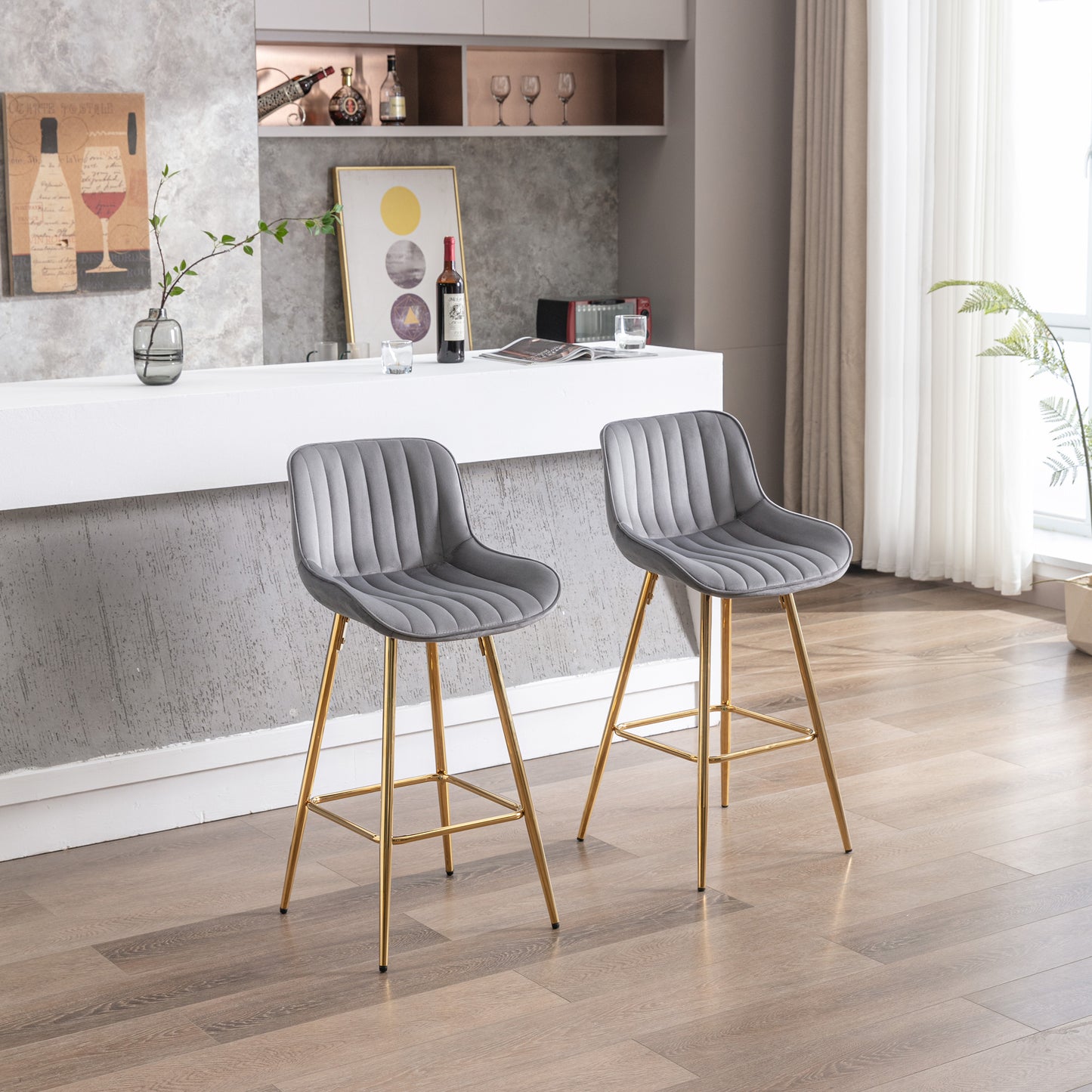 26" Set of 2 Bar Stools (gray/gold)