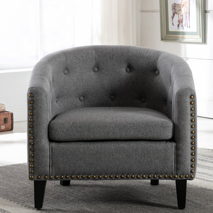 Linen Gray Fabric Tufted Barrel Accent Chair