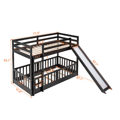 Espresso Wood Twin Over Twin Bunk Bed with Slide and Ladder